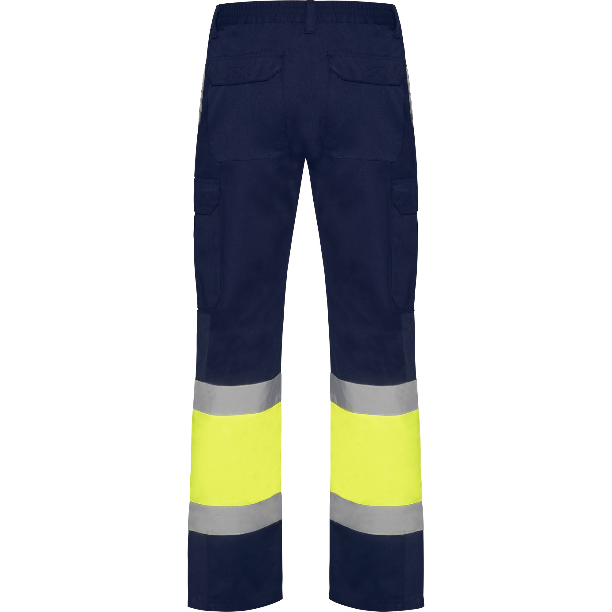 soan10 Spodnie robocze SOAN granatowo-żółte fluo – widok z tyłu, model z odblaskami i kieszeniami z klapkami