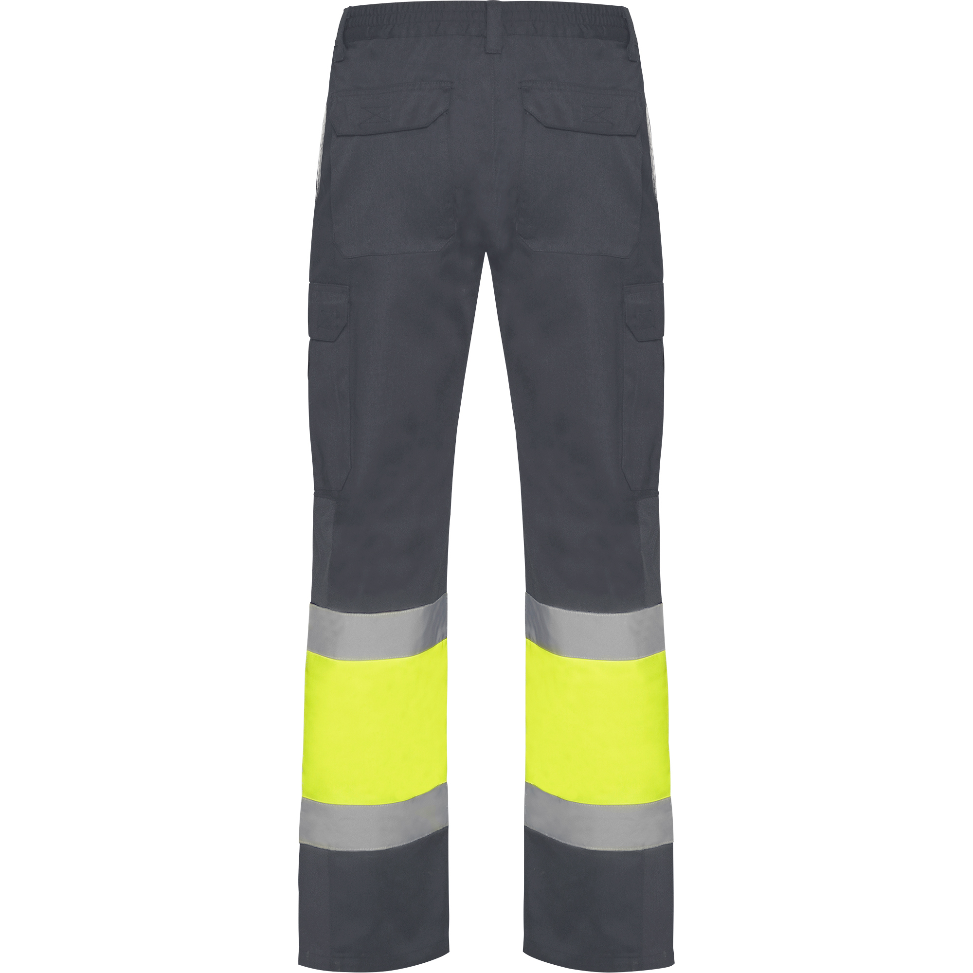 soan16 Spodnie robocze SOAN grafitowo-żółte fluo – widok z tyłu, model roboczy z kieszeniami i odblaskami