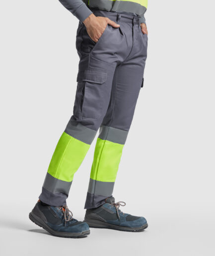 Spodnie robocze SOAN – widok z boku, dwukolorowe spodnie robocze z odblaskowymi paskami