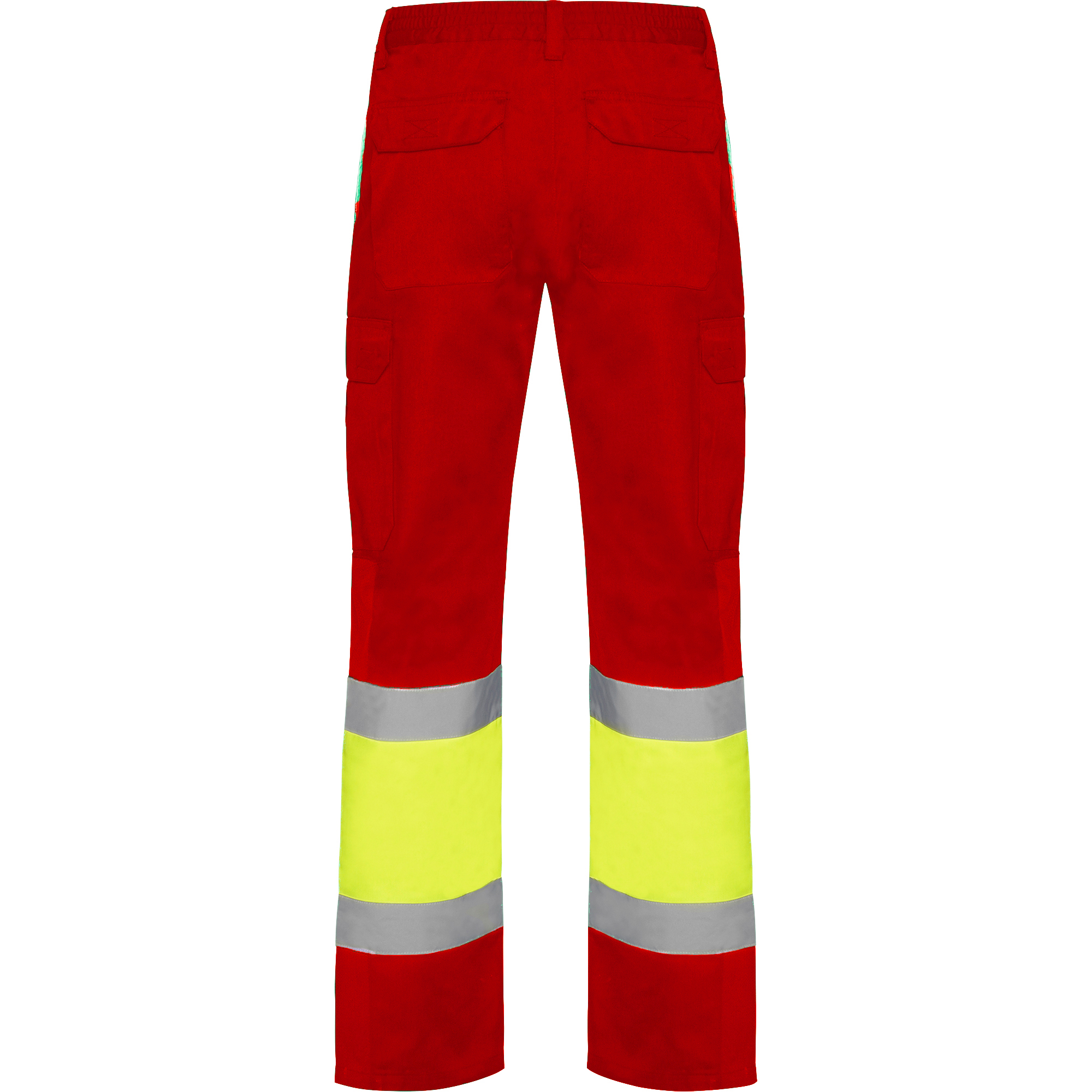 soan4 Spodnie robocze SOAN czerwono-żółte fluo – widok z tyłu, dwukolorowe spodnie robocze z kieszeniami i odblaskami