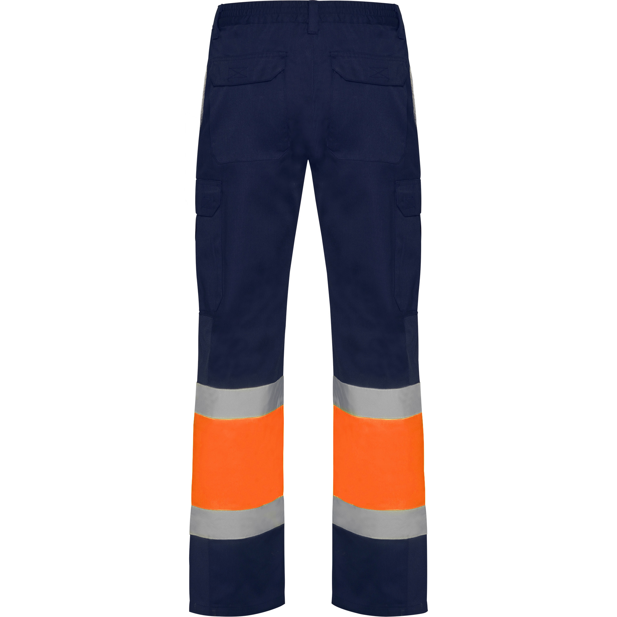 soan7 Spodnie robocze SOAN granatowo-pomarańczowe fluo – widok z tyłu, dwukolorowy model z odblaskami i kieszeniami